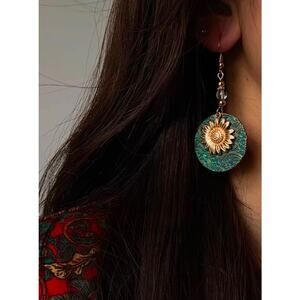 Sun Daze Gold Boho Brocade Damask Dangle Earrings